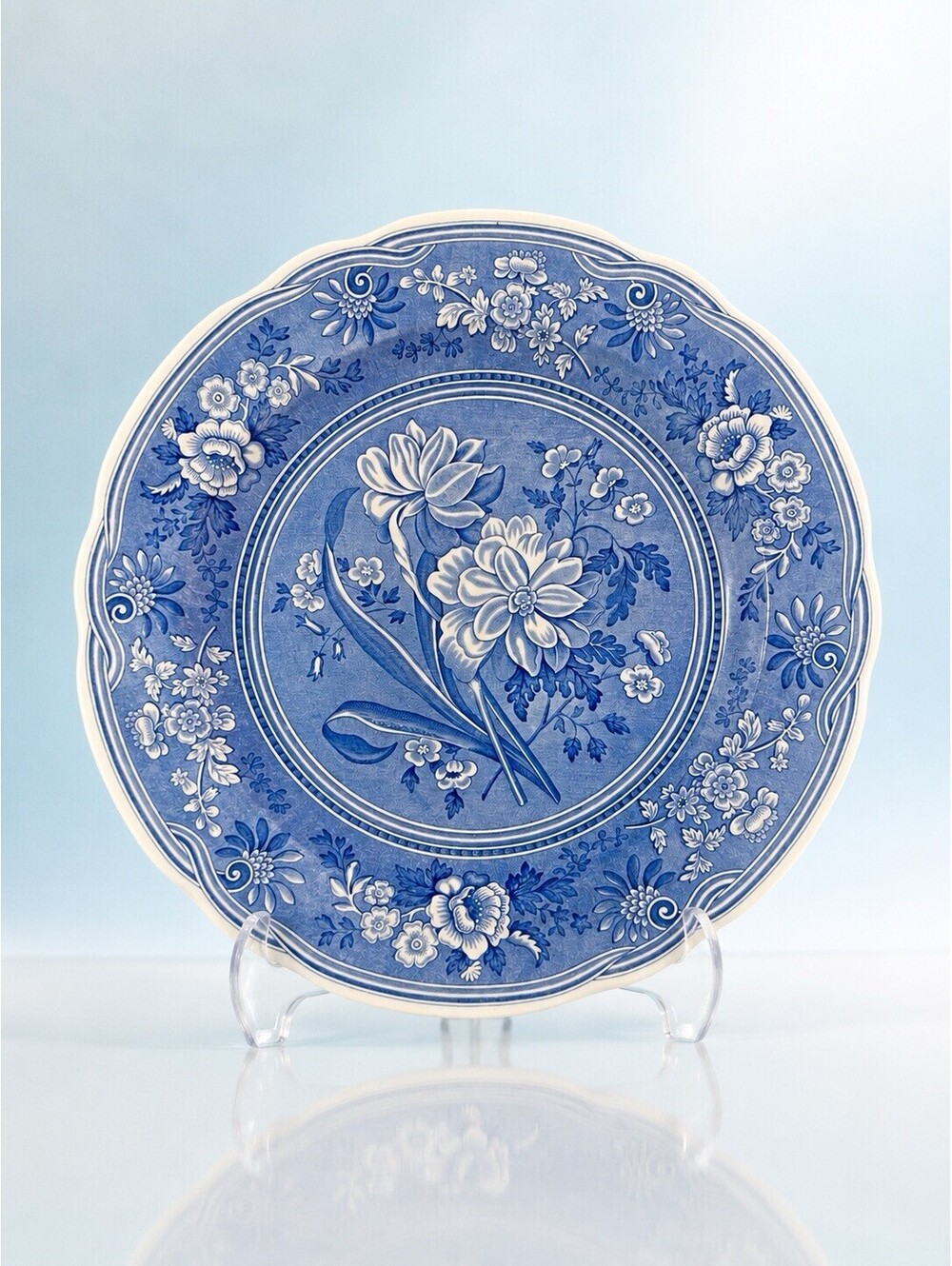Spode England 1990s Dinner Plate Botanical Stoneware Blue And White, 10”